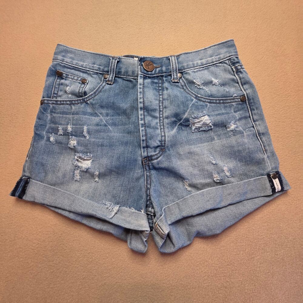 One Teaspoon Outlaws High-Waist Distressed Denim Shorts Medium-Wash Sz 24
